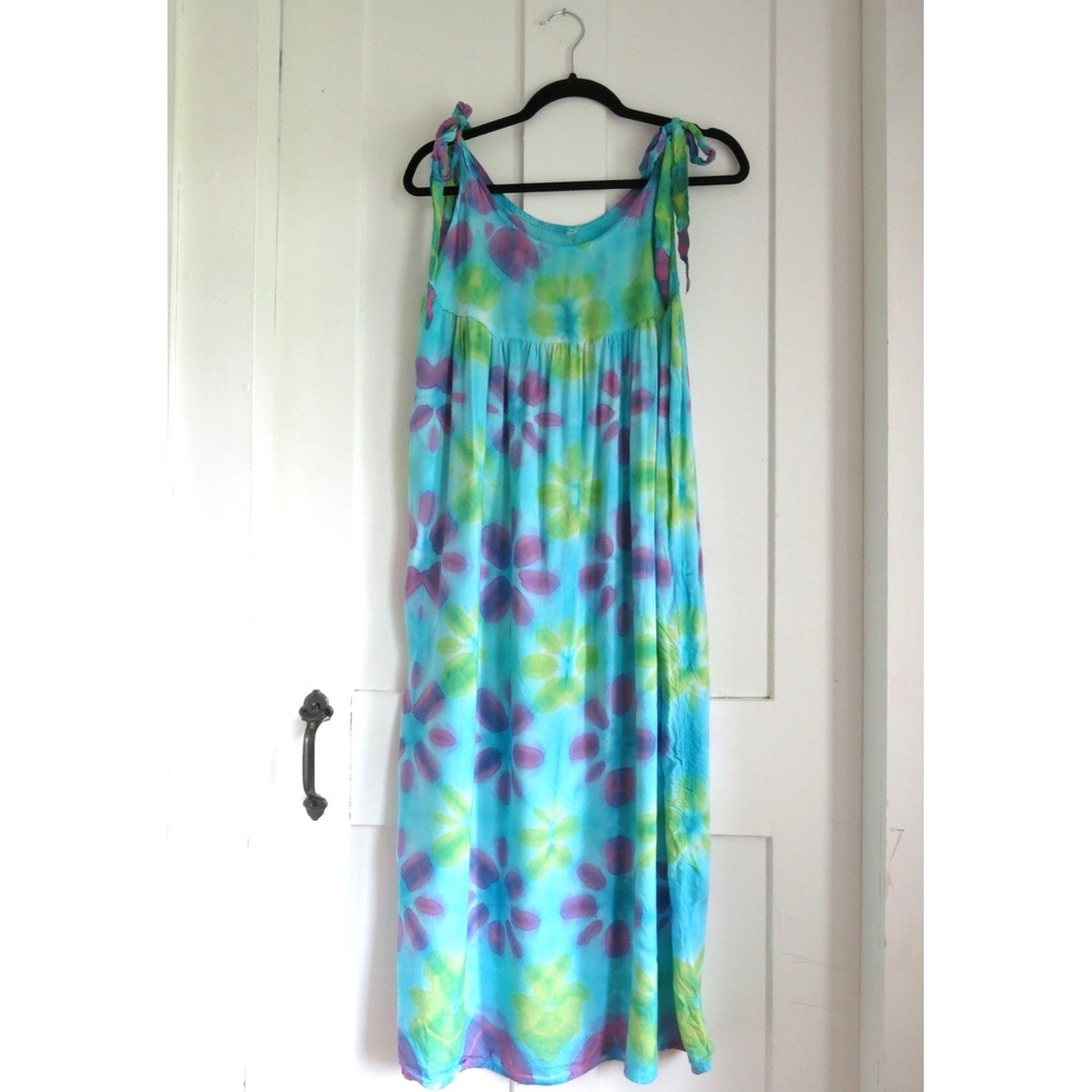Vintage Rayon Blue Purple Floral Tie Dye Sundress Free Size Tie Shoulder Empire
